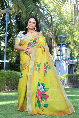 HIYAMI Printed Bollywood Cotton Linen Saree(Yellow)