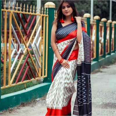 Kjs Geometric Print Ikkat Cotton Blend Saree(Multicolor)