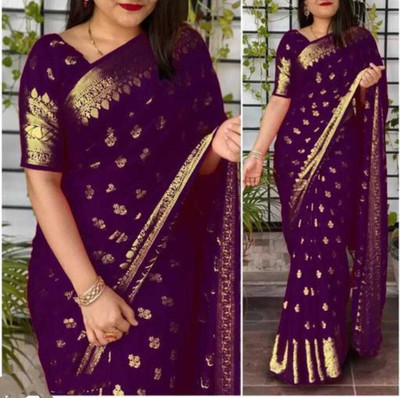 AAGIRI Self Design, Floral Print, Embellished, Woven, Applique Banarasi Jacquard, Art Silk Saree(Purple)