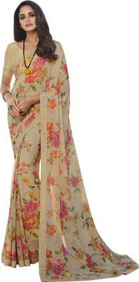 J & J Companys Floral Print Bollywood Georgette, Chiffon Saree(Cream)