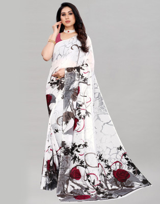 Samah Printed Daily Wear Chiffon, Georgette Saree(White, Black)
