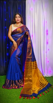 HouseOfCommon Self Design Tant Cotton Silk Saree(Blue, Gold)