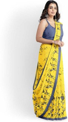 JAIPURI BLOCK PRINT Blocked Printed, Color Block, Dyed, Floral Print, Printed Daily Wear Pure Cotton Saree(Yellow)