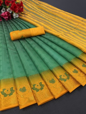 Adiyogi Enterprise Embellished Kanjivaram Silk Blend Saree(Green)