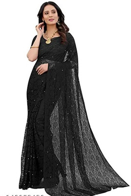 SwiftStyle Solid/Plain Daily Wear Net Saree(Black)