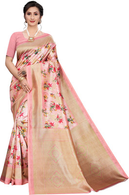 Floral Print Banarasi Art Silk Saree(Pink)
