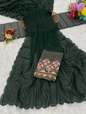 KONICA FAB Embroidered Bollywood Chiffon Saree(Dark Green)