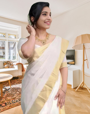 ShriSaree Woven Kasavu Pure Cotton Saree(White)