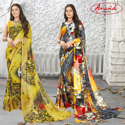 Anand Sarees Ombre, Floral Print Daily Wear Georgette Saree(Pack of 2, Multicolor)