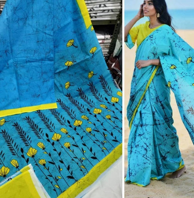 Suraj International Blocked Printed, Checkered, Digital Print, Dyed, Floral Print, Printed, Self Design Daily Wear Pure Cotton Saree(Light Blue)