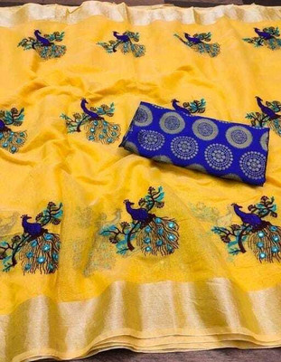 MITRACREATION Self Design Chanderi Cotton Silk Saree(Yellow)