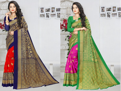 Kanooda Prints Printed Bollywood Art Silk Saree(Pack of 2, Multicolor)