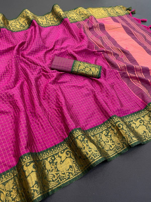 A To Z Cart Checkered Bollywood Jacquard Saree(Pink)