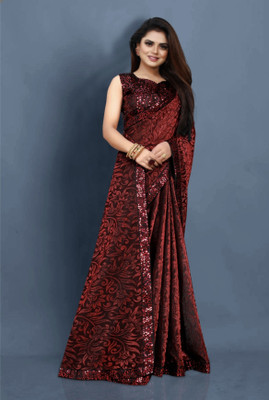 NG CREATION Floral Print Bollywood Lycra Blend Saree(Maroon)
