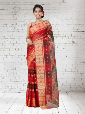 GOURAB HANDLOOM Self Design, Printed Tant Pure Cotton Saree(Red)