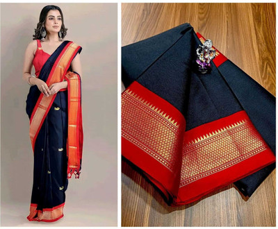 ns collection Applique Paithani Cotton Silk Saree(Black)
