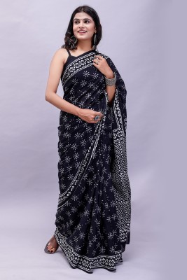 RP CREATION Printed Daily Wear Pure Cotton Saree(Black)