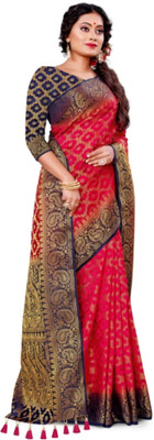 RudraNX Printed Banarasi Jacquard Saree(Dark Blue, Red)