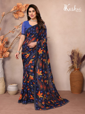 kashvi sarees Embellished, Floral Print Bollywood Georgette Saree(Dark Blue)