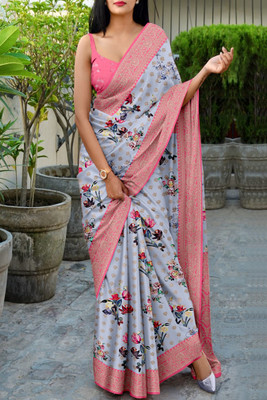 JERAVI Enterprise Printed Mysore Art Silk Saree(Light Blue, Pink)
