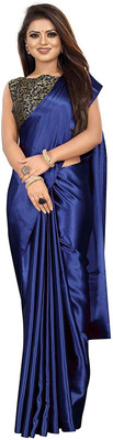 NEZAA EXPORT Solid/Plain Bollywood Satin Saree(Dark Blue)