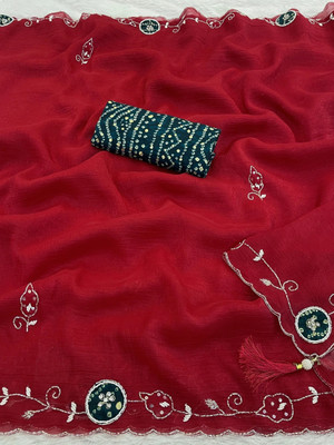 KONICA FAB Solid/Plain Bollywood Chiffon Saree(Maroon)