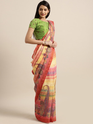 Fourleaf Printed Bollywood Cotton Linen Saree(Yellow)