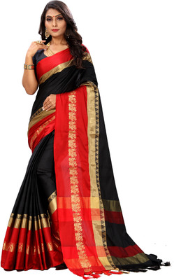 Shruti Bandhani Woven Bollywood Cotton Silk Saree(Red, Black)
