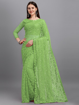 LOROFY Self Design Bollywood Net Saree(Green)