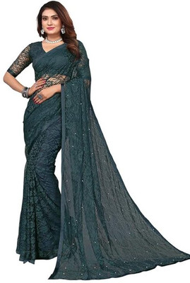 SwiftStyle Self Design, Embellished Daily Wear Net Saree(Dark Green)
