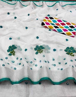 Sayal Creation Self Design Daily Wear Cotton Linen Saree(White)