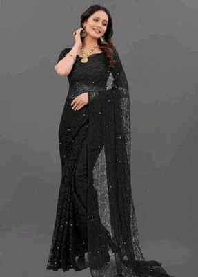 SwiftStyle Solid/Plain Daily Wear Net Saree(Black)