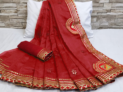 Kanooda Prints Woven Kota Doria Net Saree(Red)