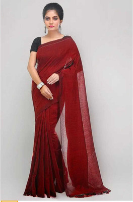 BRYNBRIT Solid/Plain Handloom Cotton Blend Saree(Maroon)