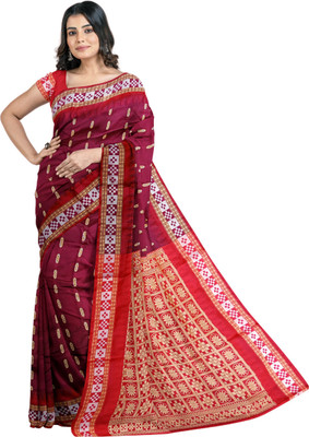 muannas Temple Border Sambalpuri Art Silk Saree(Maroon)