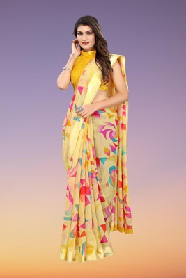 Gugaliya Printed Chanderi Cotton Blend, Linen Saree(Multicolor)