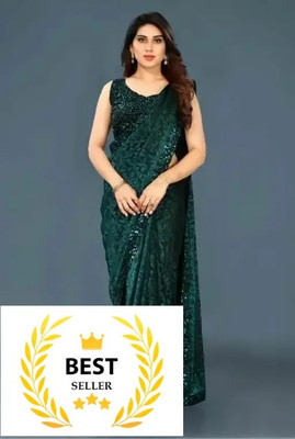Vragi Solid/Plain Bollywood Lycra Blend Saree(Dark Green)