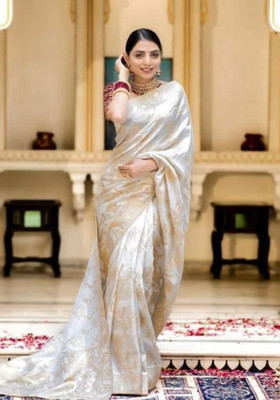 MADHAV Woven, Printed Kanjivaram Silk Blend Saree(White)
