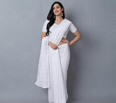 SwiftStyle Floral Print Daily Wear Net Saree(White)