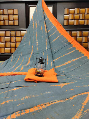 JAIPURI BLOCK PRINT Printed Ikkat Pure Cotton Saree(Grey, Orange)