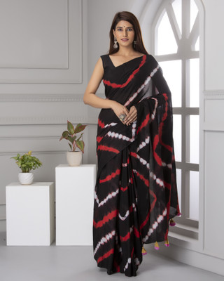 NIKHILAM Printed, Blocked Printed, Dyed, Floral Print, Hand Painted Daily Wear Pure Cotton Saree(Black)