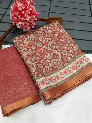 Gajal Digital Print Daily Wear Cotton Linen, Linen Saree(Maroon)