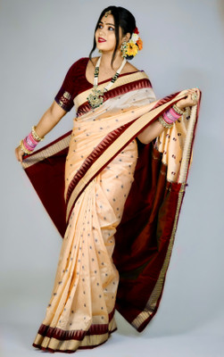 Sijileen Temple Border, Woven Sambalpuri Silk Blend Saree(Cream)