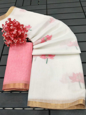 Gajal Printed Kanjivaram Pure Cotton, Cotton Linen Saree(White)