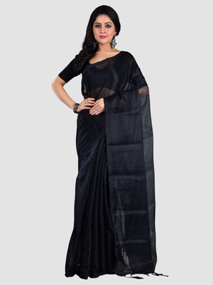 Shaw Creation Solid/Plain Handloom Handloom Tissue Saree(Black)