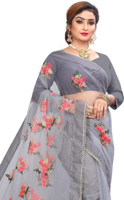 PATLANI STYLE Embroidered Bollywood Net Saree(Grey)