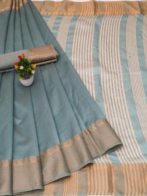 GOGAJI COLLECTION Temple Border, Woven Kanjivaram Cotton Silk, Chanderi Saree(Blue)