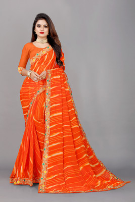 HouseOfCommon Printed Leheria Georgette, Chiffon Saree(Orange)
