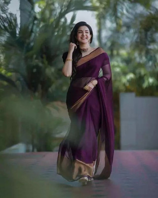 Vragi Solid/Plain Bollywood Chiffon Saree(Purple)