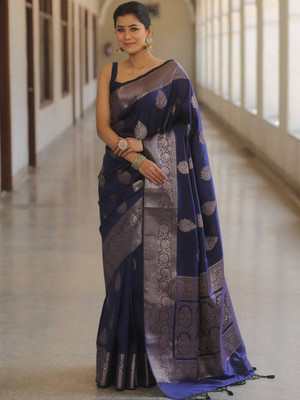 GHANSHYAM Woven Banarasi Jacquard Saree(Dark Blue, Silver)